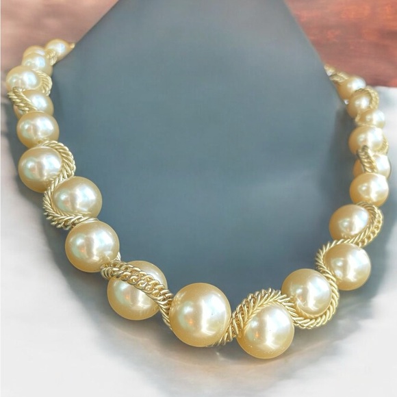 Kenneth J Lane Graduated Faux Pearls Wrapped in Gold Tone Double Chain Necklace - Picture 3 of 7